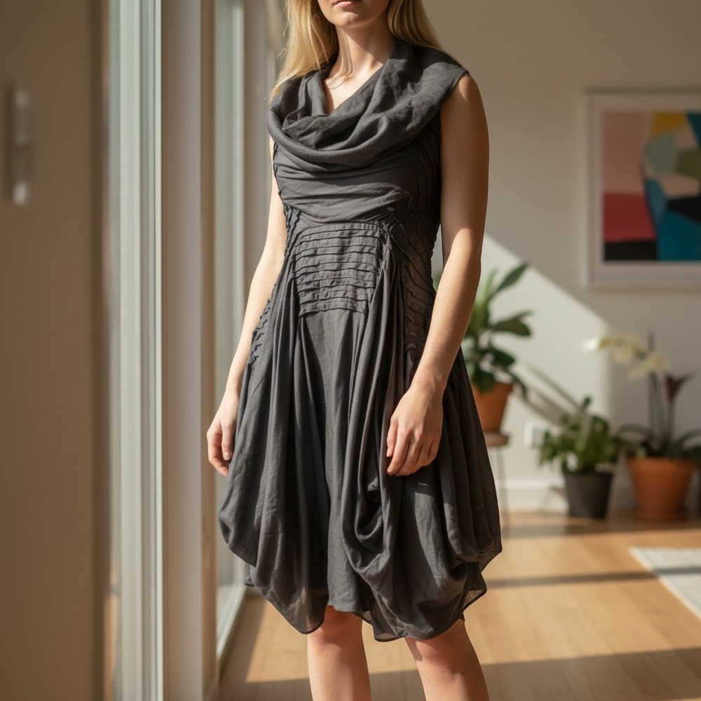 All Saints Spitalfields Dress Womens 8 Grey Silk Cowl Neck Pleated Avant Garde